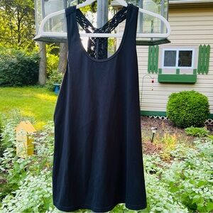 Soybu yoga / exercise tank, black with pretty decorative macrame down the back